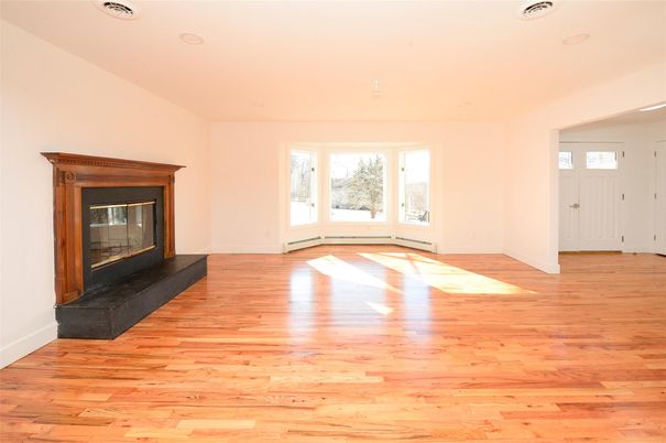 Empty room, Fireplace, Interior, Recessed Lighting, Wood Texture Flooring