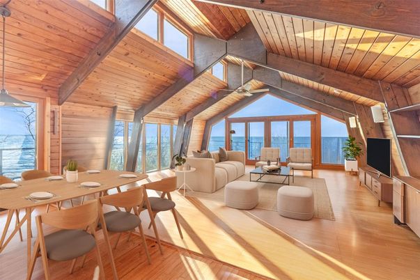 Dining room, Interior, Living room, Water, Wooden Beams, Wooden Ceilings, Wood Texture Flooring, Wooden Walls