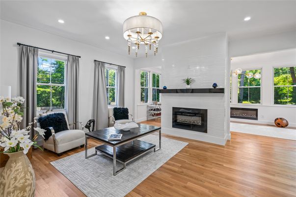 Chandelier, Fireplace, Interior, Living room, Recessed Lighting, Wood Texture Flooring