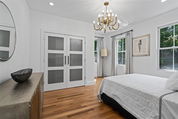 Bedroom, Chandelier, Interior, Recessed Lighting, Wood Texture Flooring
