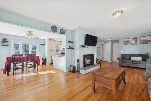 Dining room, Fireplace, Interior, Kitchen, Living room, Wood Texture Flooring
