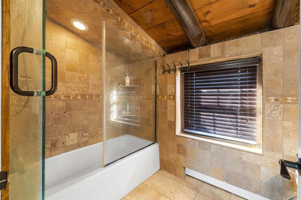 Bathroom, Glass Shower, Interior, Recessed Lighting, Stone Walls, Wooden Beams, Wooden Ceilings