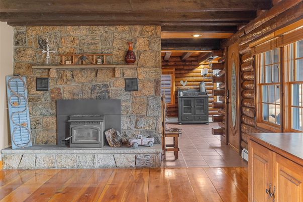 Fireplace, Interior, Recessed Lighting, Stone Walls, Wooden Beams
