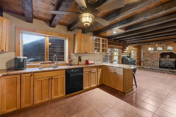 Fireplace, Interior, Kitchen, Recessed Lighting, Stone Walls, Wooden Beams, Wooden Ceilings