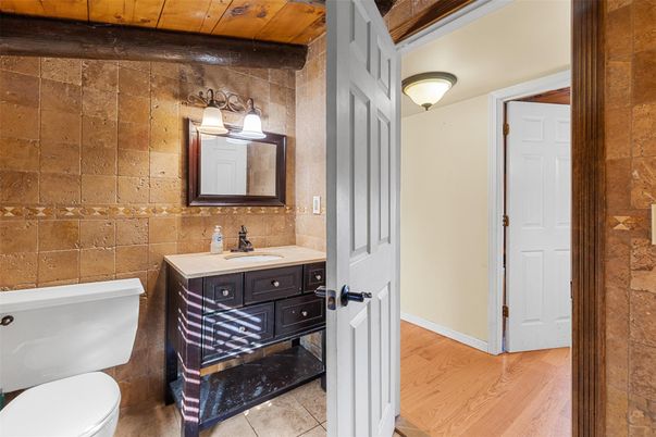 Bathroom, Interior, Stone Walls, Wooden Ceilings, Wood Texture Flooring