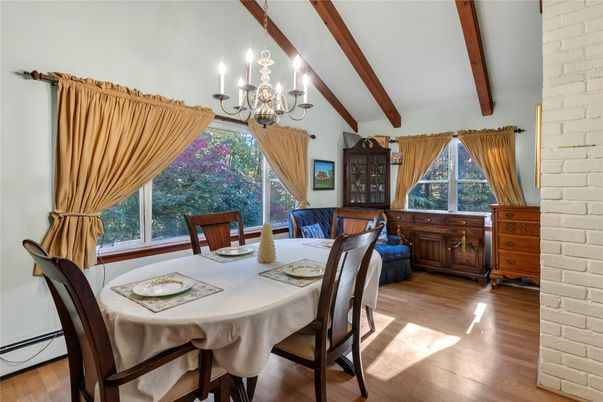 Chandelier, Dining room, Interior, Stone Walls, Wooden Beams, Wood Texture Flooring