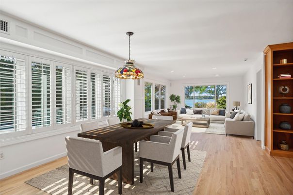 Dining room, Interior, Living room, Pendant Lights, Recessed Lighting, Wood Texture Flooring