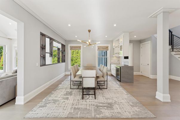 Dining room, Interior, Kitchen, Pendant Lights, Recessed Lighting, Wood Texture Flooring