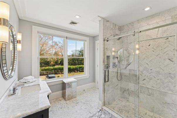 Bathroom, Glass Shower, Interior, Marble, Marble Walls, Recessed Lighting