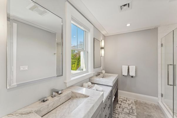 Bathroom, Dual Sink Vanities, Glass Shower, Interior, Recessed Lighting