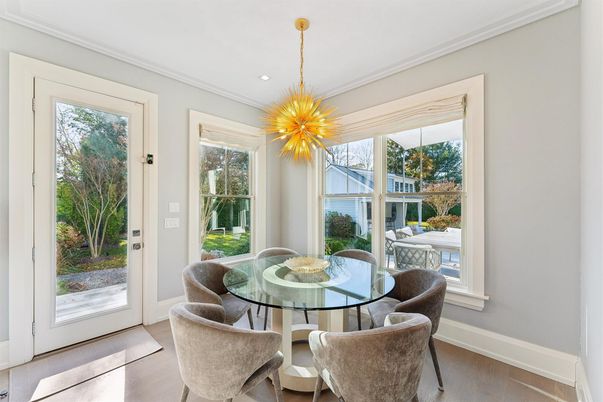 Dining room, Interior, Pendant Lights, Recessed Lighting, Wood Texture Flooring