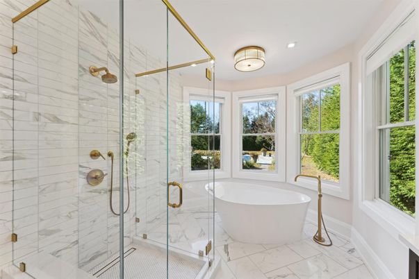 Bathroom, Free Standing Baths, Glass Shower, Interior, Marble, Marble Walls, Recessed Lighting