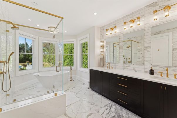 Bathroom, Dual Sink Vanities, Free Standing Baths, Glass Shower, Interior, Marble, Marble Walls, Recessed Lighting