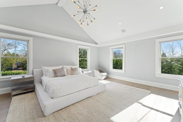 Bedroom, Interior, Pendant Lights, Recessed Lighting, Wood Texture Flooring