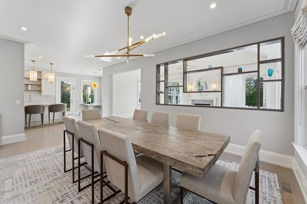Dining room, Fireplace, Interior, Pendant Lights, Recessed Lighting, Wood Texture Flooring