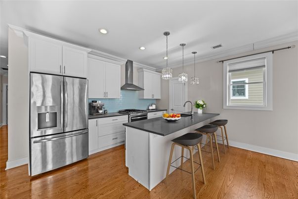 Interior, Kitchen, Pendant Lights, Recessed Lighting, Stainless Steel Appliances, Wood Texture Flooring