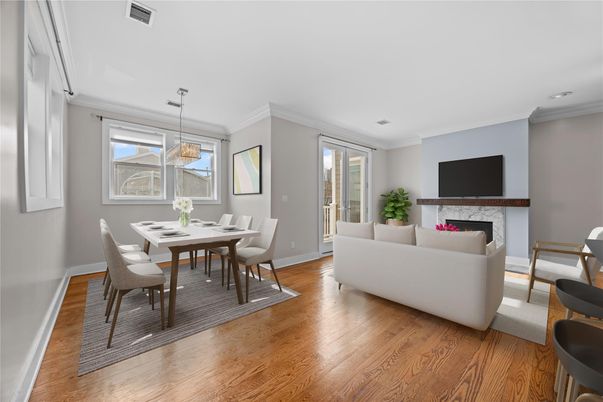 Dining room, Fireplace, Interior, Living room, Pendant Lights, Recessed Lighting, Wood Texture Flooring