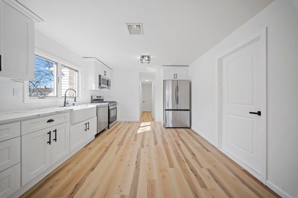 Interior, Kitchen, Stainless Steel Appliances, Wood Texture Flooring