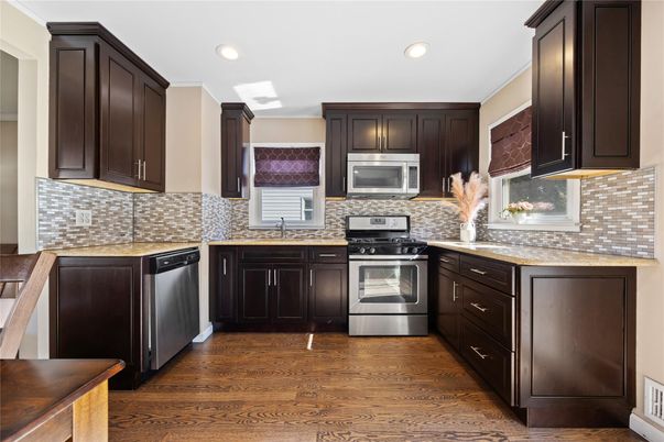 Interior, Kitchen, Recessed Lighting, Stainless Steel Appliances, Wood Texture Flooring