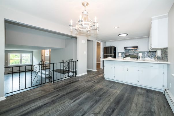 Chandelier, Interior, Kitchen, Recessed Lighting, Wood Texture Flooring