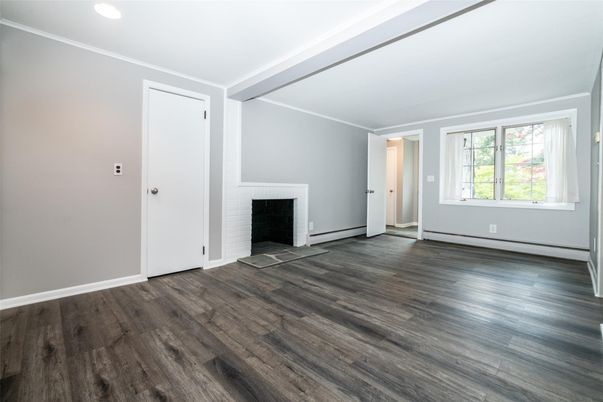 Empty room, Fireplace, Interior, Recessed Lighting, Wood Texture Flooring