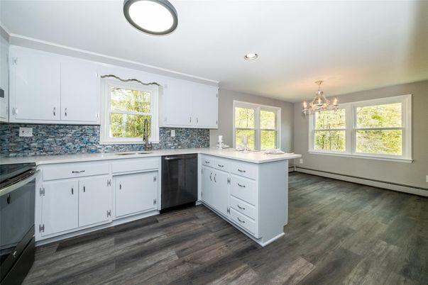 Chandelier, Interior, Kitchen, Recessed Lighting, Wood Texture Flooring