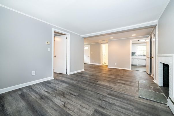 Empty room, Fireplace, Interior, Recessed Lighting, Wood Texture Flooring