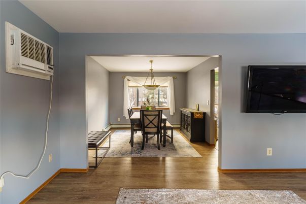 Dining room, Interior, Pendant Lights, Wood Texture Flooring