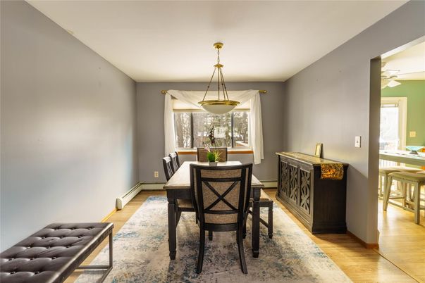 Dining room, Interior, Pendant Lights, Wood Texture Flooring