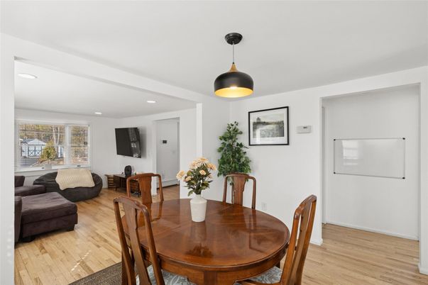 Dining room, Interior, Pendant Lights, Recessed Lighting, Wood Texture Flooring