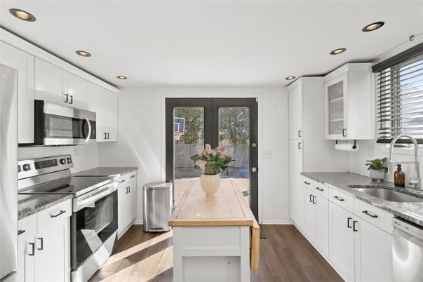 Interior, Kitchen, Recessed Lighting, Stainless Steel Appliances, Wood Texture Flooring