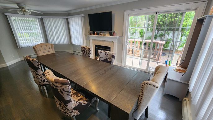 Dining room, Fireplace, Interior, Wood Texture Flooring