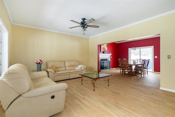 Dining room, Fireplace, Interior, Living room, Pendant Lights, Wood Texture Flooring