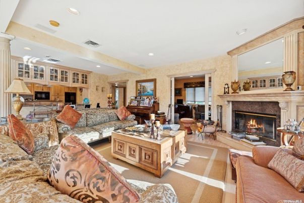 Fireplace, Interior, Kitchen, Living room, Recessed Lighting, Wooden Beams