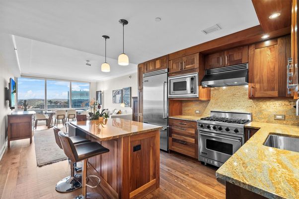 Dining room, Interior, Kitchen, Pendant Lights, Recessed Lighting, Stainless Steel Appliances, Wood Texture Flooring