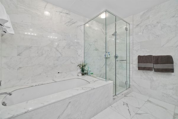 Bathroom, Glass Shower, Interior, Marble, Marble Walls, Recessed Lighting