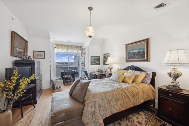 Bedroom, Fireplace, Interior, Pendant Lights, Wood Texture Flooring