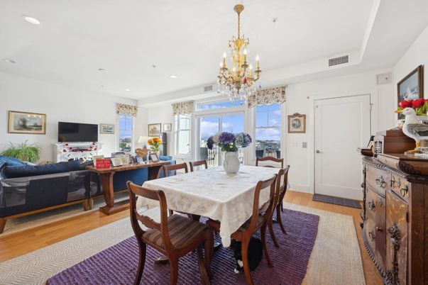 Chandelier, Dining room, Interior, Living room, Recessed Lighting, Wood Texture Flooring
