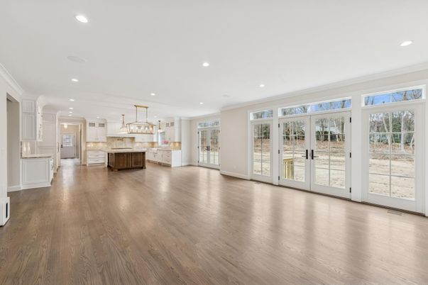 Empty room, Interior, Kitchen, Pendant Lights, Recessed Lighting, Wood Texture Flooring