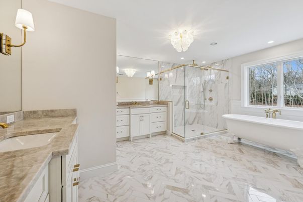 Bathroom, Dual Sink Vanities, Free Standing Baths, Glass Shower, Interior, Marble, Marble Walls, Recessed Lighting