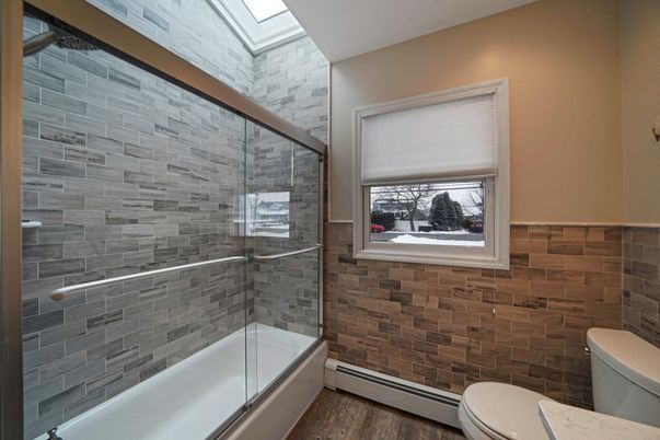 Bathroom, Glass Shower, Interior, Wood Texture Flooring