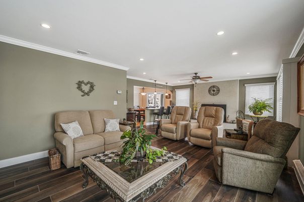 Dining room, Interior, Living room, Pendant Lights, Recessed Lighting, Wood Texture Flooring