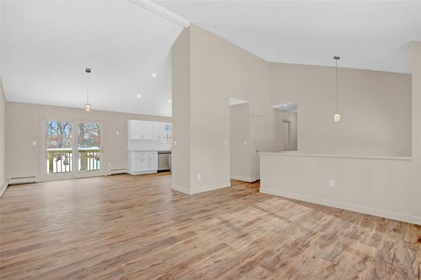 Empty room, Interior, Kitchen, Pendant Lights, Recessed Lighting, Wood Texture Flooring