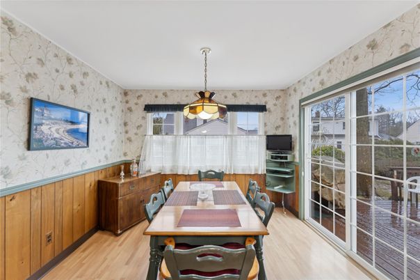 Dining room, Interior, Pendant Lights, Wood Texture Flooring