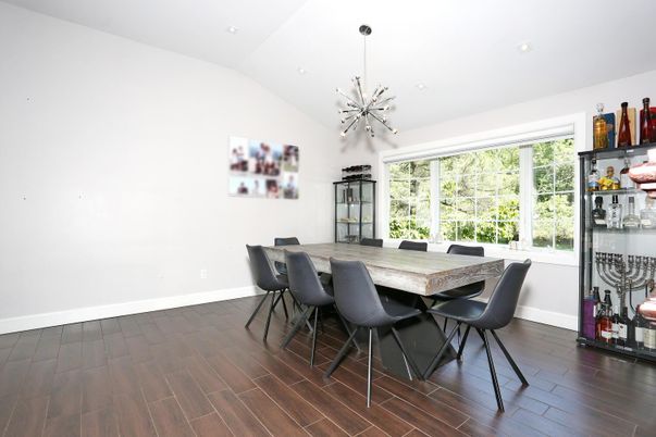 Dining room, Interior, Pendant Lights, Recessed Lighting, Wood Texture Flooring