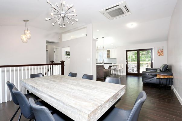 Dining room, Interior, Pendant Lights, Recessed Lighting, Wood Texture Flooring