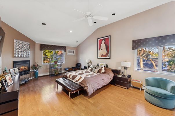 Bedroom, Fireplace, Interior, Recessed Lighting, Wood Texture Flooring