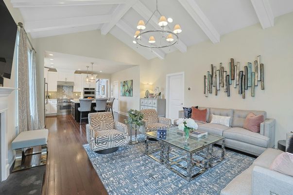 Chandelier, Dining room, Fireplace, Interior, Kitchen, Living room, Pendant Lights, Recessed Lighting, Stainless Steel Appliances, Wood Texture Flooring