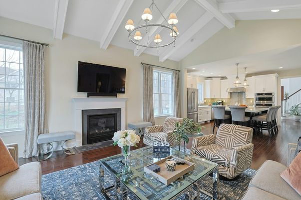 Chandelier, Dining room, Fireplace, Interior, Kitchen, Living room, Pendant Lights, Recessed Lighting, Stainless Steel Appliances, Wood Texture Flooring