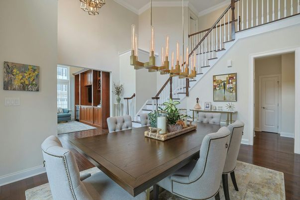 Dining room, Interior, Pendant Lights, Wood Texture Flooring